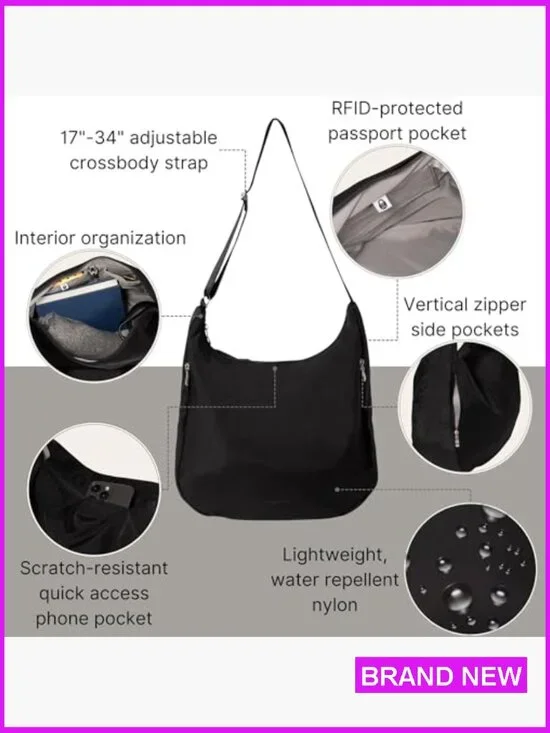 Lightweight Nylon Hobo Crossbody Bag RFID Protection Travel Purse